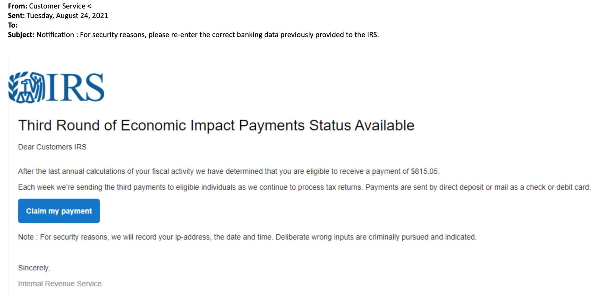 IRS Impersonation Email